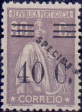 0958.jpg -     Lote:    958            Portugal       Descrição:         1928/29 &mdash; Ceres, com sobretaxa. CE474, 40c s/ 80c, denteado 12 x 11 &frac12;, com variedade barramento VII. Selo com sobrecarga SPECIMEN a preto. Valor de catálogo &euro; 29,70.        **       Valor Base:     &euro; 10,00     Valor Venda:     &euro; 65,00     