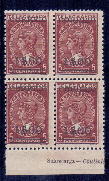 0965.jpg -     Lote:    965            Portugal       Descrição:         1929 &mdash; Imposto telegráfico com sobretaxa. CE494, 1$60 s/ 5c. Quadra em papel fino. Valor de catálogo &euro; 1040,00..        ***       Valor Base:     &euro; 100,00     Valor Venda:     &euro; 100,00     