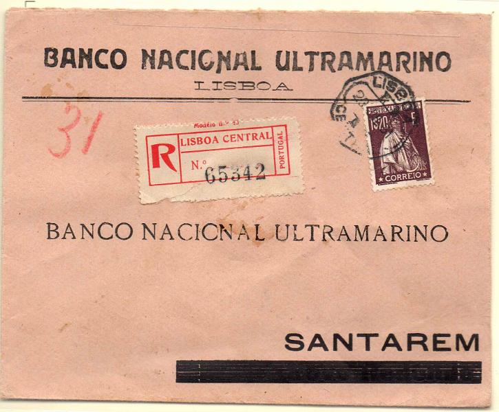 0966.jpg -     Lote:    966            Portugal       Descrição:         1930 &mdash; Ceres. Gravura retocada. Sobrescrito circulado registado de Lisboa (23..07.31) para Santarém, com selo de 1$20 CE509.        Carta       Valor Base:     &euro; 15,00     Valor Venda:     &euro; 15,00     