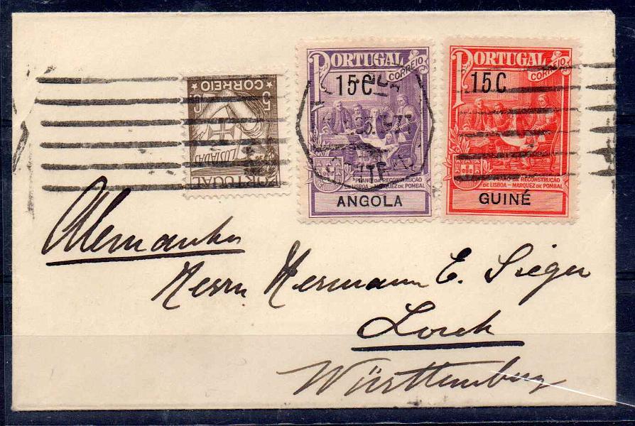 0967.jpg -     Lote:    967            Portugal       Descrição:         1935 &mdash; Lusíadas + Imposto Postal * Monumento ao Marquês de Pombal. Sobrescrito de reduzidas dimensões, circulado de Lisboa para a Alemanha com selo de 5c CE514 + selos do imposto postal de Angola (15c plano) e da Guiné (15c plano) usados como selos de recurso do correio ordinário.        Carta       Valor Base:     &euro; 20,00     Valor Venda:     Retirado     