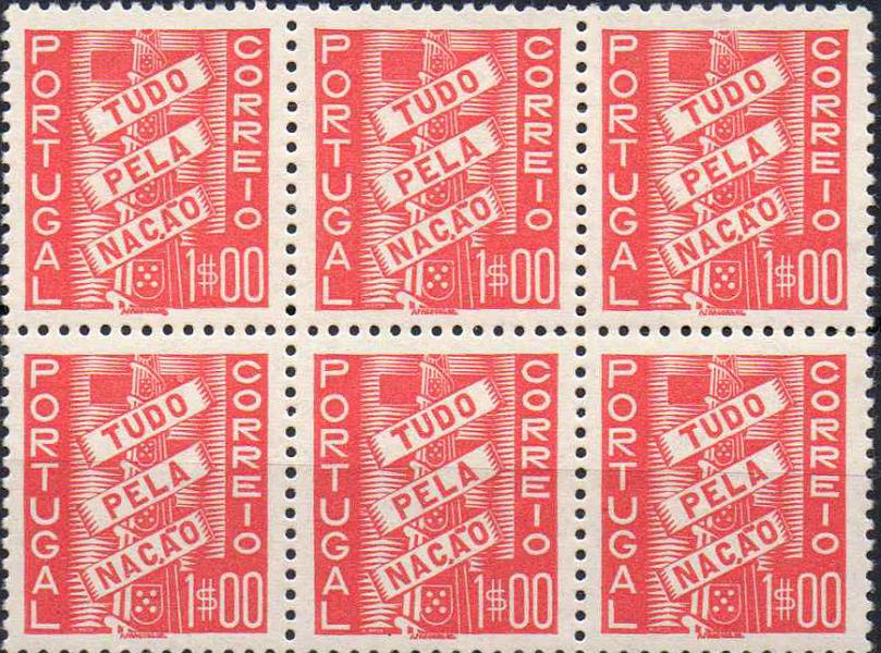 0970.jpg -     Lote:    970            Portugal       Descrição:         1935/41 &mdash; Tudo pela Nação. CE572, 1$00 carmim. Bloco com 6 selos. Valor de catálogo &euro; 196,20.        ***       Valor Base:     &euro; 20,00     Valor Venda:     Retirado     