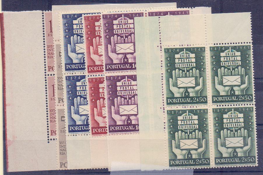 0978.jpg -     Lote:    978            Portugal       Descrição:         1949 &mdash; História da Arte + 75º Aniversário UPU. CE713/14 e CE715/18. Séries completas em quadras, cantos de folha. Valor de catálogo &euro; 304,00.        ***       Valor Base:     &euro; 20,00     Valor Venda:     Retirado     