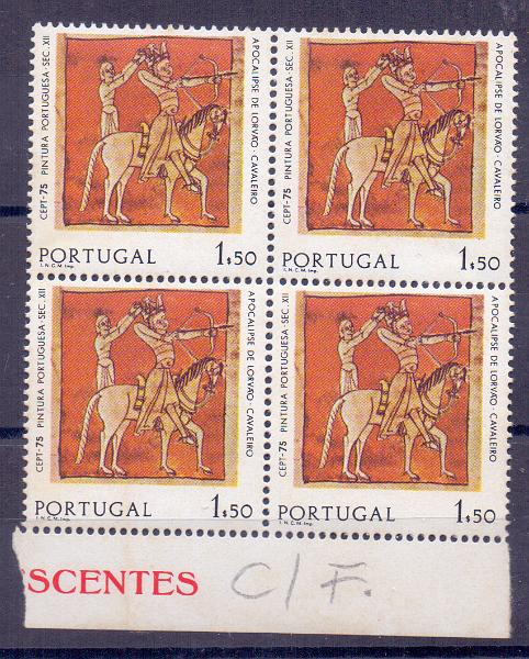 0990.jpg -     Lote:    990            Portugal       Descrição:         1975 &mdash; Europa CEPT &mdash; Pintura. CE1251, 1$50. Quadra com tarja fosforescente. Valor de catálogo &euro; 556,00.        ***       Valor Base:     &euro; 60,00     Valor Venda:     Retirado     