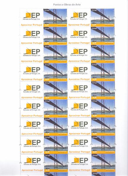 1000.jpg -     Lote:    1000            Portugal       Descrição:         2008 &mdash; Pontes e Obras de Arte. Selo Corporativo. CE3782A, &euro; 0,31. Folha completa com 20 selos. Valor de catálogo &euro; 450,00.        ***       Valor Base:     &euro; 75,00     Valor Venda:     Retirado     