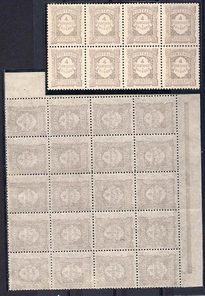 1014.jpg -     Lote:    1014            Portugal       Descrição:         1915 &mdash; Porteado. Emissão regular. Valor em centavos. CE POR 25, 4c violeta cinzento. Bloco com 20 selos em papel pontinhado + bloco com 8 selos em papel liso. Valor de catálogo &euro; 54.40.        ***       Valor Base:     &euro; 8,00     Valor Venda:     Retirado     