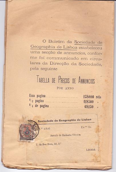 1026.jpg -     Lote:    1026            Portugal       Descrição:         1904 &mdash; Porte Franco. Sociedade de Geografia de Lisboa. Boletim da Sociedade de Geografia de Lisboa, circulado em Lisboa (15.04.04) com selo CE SGL1.        Livro       Valor Base:     &euro; 12,00     Valor Venda:     Retirado     