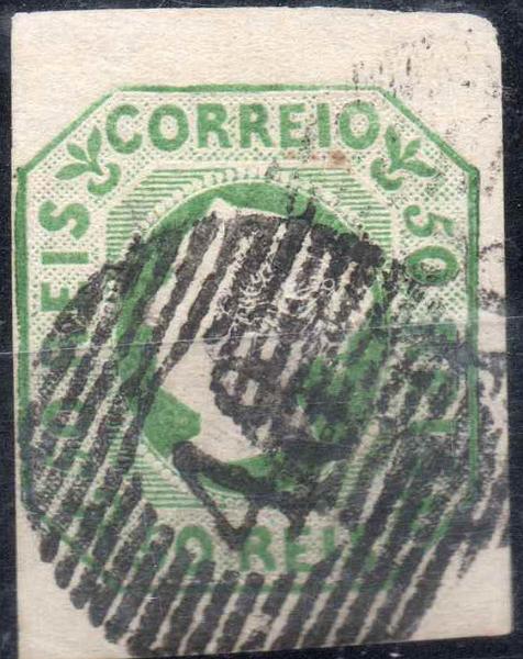 1030.jpg -     Lote:    1030            Açores       Descrição:         1853 &mdash; D. Maria I. Precursores. 50 reis verde, com duas margens excepcionais e duas normais, obliterado com carimbo numérico da 1.ª reforma de 20 barras "48 &mdash; ANGRA", batido a preto. Valor de catálogo &euro; 2.050,00.        O       Valor Base:     &euro; 100,00     Valor Venda:     &euro; 100,00     