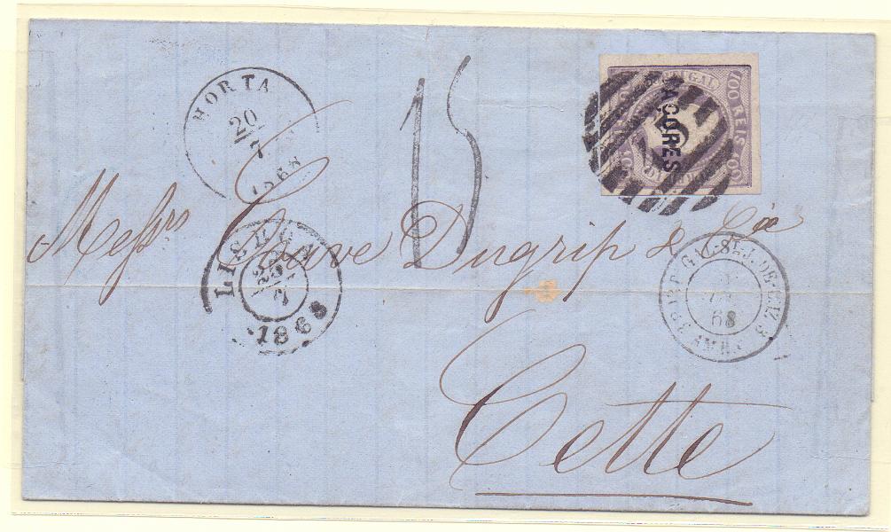 1031.jpg -     Lote:    1031            Açores       Descrição:         1868 &mdash; D. Luís I. Fita curva, não denteados, com sobrecarga AÇORES. CE6, 100 reis lilás malva em carta circulada da Horta (20.07.68) para Cette (02.08.68), com trânsito por Lisboa (25.07.68) e Badajoz (29.07.68), com carimbo "43 &mdash; HORTA" do tipo da 2.ª reforma, batido a preto. Porte francês manuscrito a preto 15c.        Carta       Valor Base:     &euro; 200,00     Valor Venda:     &euro; 440,00     