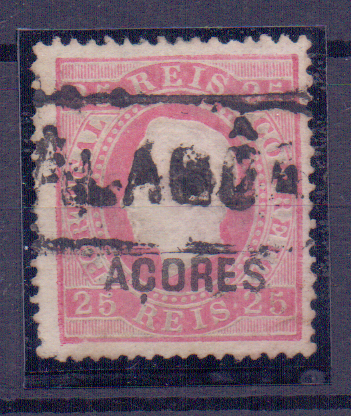 1033.jpg -     Lote:    1033            Açores       Descrição:         1870/76 &mdash; D. Luís I. Fita direita. Selo do Continente com sobrecarga AÇORES. CE19, 25 reis, sobrecarga C, denteado 13 &frac12;, cunho I, obliterado com carimbo nominativo de "ALAGOAS".        O       Valor Base:     &euro; 15,00     Valor Venda:     &euro; 15,00     