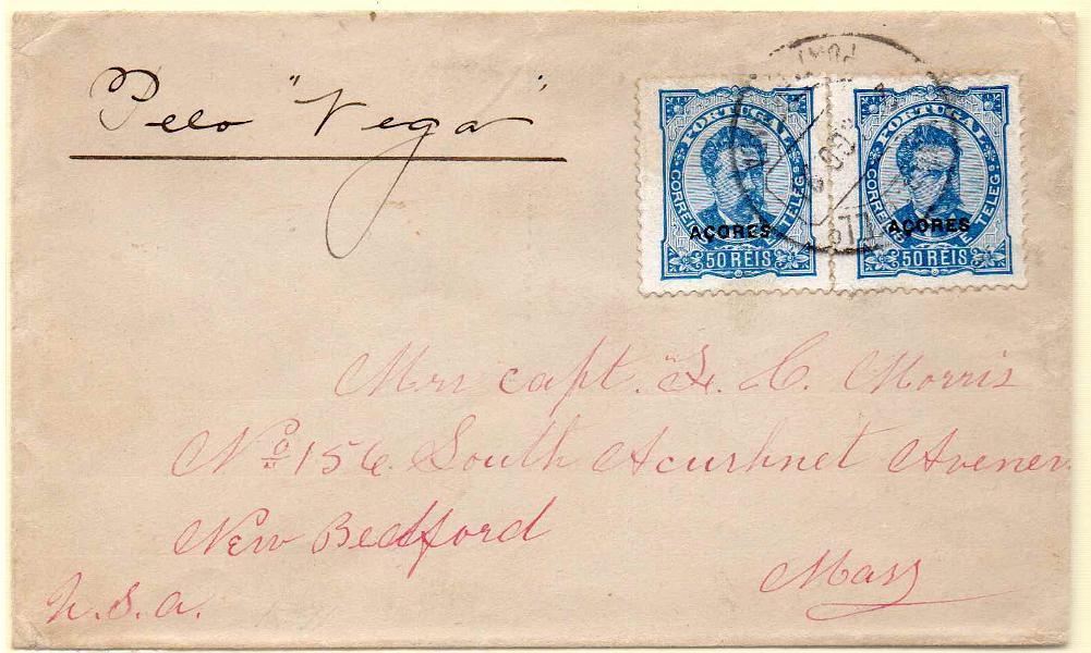 1036.jpg -     Lote:    1036            Açores       Descrição:         1882/83 &mdash; D. Luís I. De frente. Sobrescrito circulado do Porto (24.08.91) para os EUA (31.08.91) com dois selos de 50 reis, papel porcelana, denteado 11 &frac12;, CE58. Inscrição manuscrita "Pelo Vega".        Carta       Valor Base:     &euro; 60,00     Valor Venda:     Retirado     