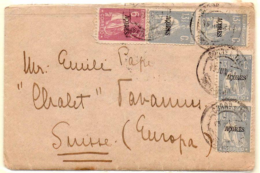 1042.jpg -     Lote:    1042            Açores       Descrição:         1918/21 &mdash; Ceres. Selos do Continente com sobrecarga Açores. Sobrescrito circulado de Ponta Delgada (15.06.21) para a Suiça (24.06.21) com selo de 6 ctvs lilás rosa CE171 e 4 selos de 13 &frac12; ctvs azul cinzento, CE174. B e R.        Carta       Valor Base:     &euro; 20,00     Valor Venda:     &euro; 34,00     