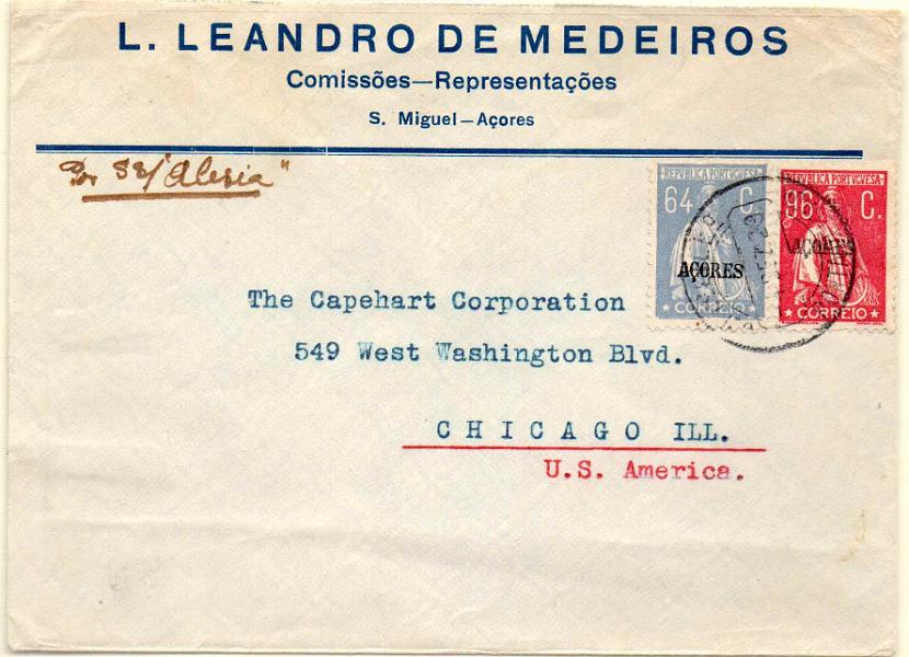 1046.jpg -     Lote:    1046            Açores       Descrição:         1924/26 &mdash; Ceres. Selos do Continente com sobrecarga Açores. Sobrescrito circulado de Ponta Delgada (01.12.29) para os EUA, com selos de 64 ctvs azul e 96 ctvs carmim, CE207 e 209. B        Carta       Valor Base:     &euro; 16,00     Valor Venda:     Retirado     