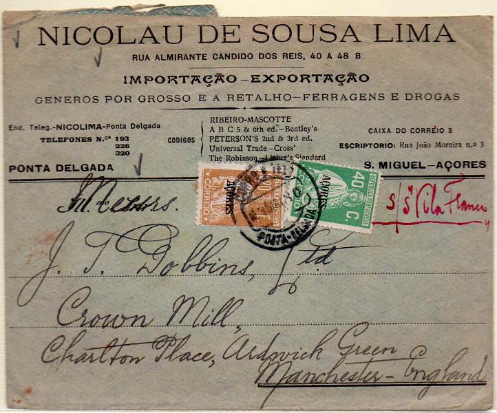 1049.jpg -     Lote:    1049            Açores       Descrição:         1924/30 &mdash; Ceres com sobrecarga Açores. Sobrescrito circulado de Ponta Delgada (23.05.30) para Inglaterra, com selos de 1$20 bistre CE211 e 40c verde esmeralda CE293. Inscrição manuscrita a vermelho "S/S VILA FRANCO".        Carta       Valor Base:     &euro; 20,00     Valor Venda:     &euro; 180,00     