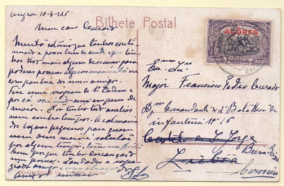 1051.jpg -     Lote:    1051            Açores       Descrição:         1926 &mdash; Independência de Portugal * 1.ª emissão. Selos do Continente com sobrecarga AÇORES. CE246, 20c em postal ilustrado circulado de Angra (13.08.26) para Lisboa e reexpedido para Carvoeiro. MR.        PI       Valor Base:     &euro; 120,00     Valor Venda:     &euro; 120,00     