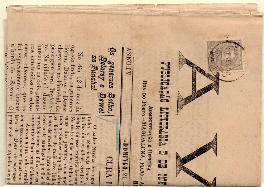1056.jpg -     Lote:    1056            Horta       Descrição:         1897 &mdash; D. Carlos I Mouchon. CE13, 2 &frac12; reis em jornal "A Voz" circulado na Horta (21.09.02). MB e MR.        JRN       Valor Base:     &euro; 75,00     Valor Venda:     Retirado     