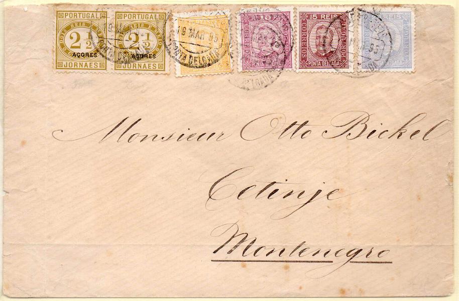 1057.jpg -     Lote:    1057            Ponta Delgada       Descrição:         1892/93 &mdash; Jornaes com sobrecarga Açores + D. Carlos I. tipo Diogo Neto (Ponta Delgada). Sobrescrito circulado registado de Ponta Delgada (19.03.95) para o Montenegro, com trânsito por Lisboa (23.03.95), com par de 2 &frac12; reis CE46, papel liso 11 &frac12; + selos de 5, 10, 15 e 20 reis CE&frac14;.        Carta       Valor Base:     &euro; 180,00     Valor Venda:     Retirado     