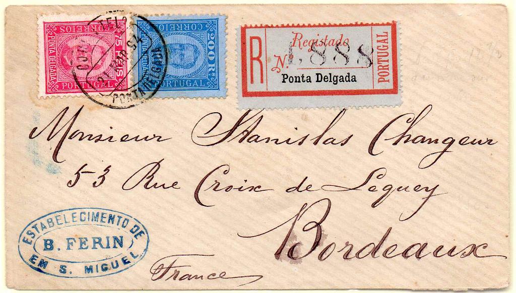 1058.jpg -     Lote:    1058            Ponta Delgada       Descrição:         1892/93 &mdash; D. Carlos I tipo Diogo Neto. Sobrescrito circulado registado de Ponta Delgada (21.03.94) para Bordéus (28.03.94) com trânsito por Lisboa (25.03.94), com selos de 75 res CE7, papel porcelana, denteado 12 &frac12; + selo de 200 reis CE11, papel porcelana, denteado 12 &frac12;. MB e MR.        Carta       Valor Base:     &euro; 250,00     Valor Venda:     &euro; 300,00     
