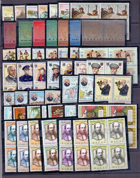 1063.jpg -     Lote:    1063            Ultramar       Descrição:         Ultramar. Emissões Gerais. Lote composto por séries completas em quadras, sem sinal de charneira das séries: OMI-OMM, Reforma Administrativa, Centenário de Carmona, 4.º Centenários dos Lusíadas, 5.º Centenário de D. Manuel I, 5.º Centenário de Vasco da Gama, 1.ª Viagem Lisboa- Rio de Janeiro, 20.º Jogos Olímpicos e Centenário de Gago Coutinho. Valor de catálogo &euro; 604,40.        Lote       Valor Base:     &euro; 120,00     Valor Venda:     Retirado     
