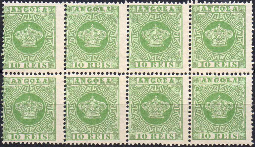 1078.jpg -     Lote:    1078            Angola       Descrição:         1881/85 &mdash; Tipo Coroa. Novas cores. CE10, 10 reis verde. Bloco com 8 selos em denteado 12 &frac12;. Valor de catálogo &euro; 504,00.        *       Valor Base:     &euro; 25,00     Valor Venda:     &euro; 32,00     