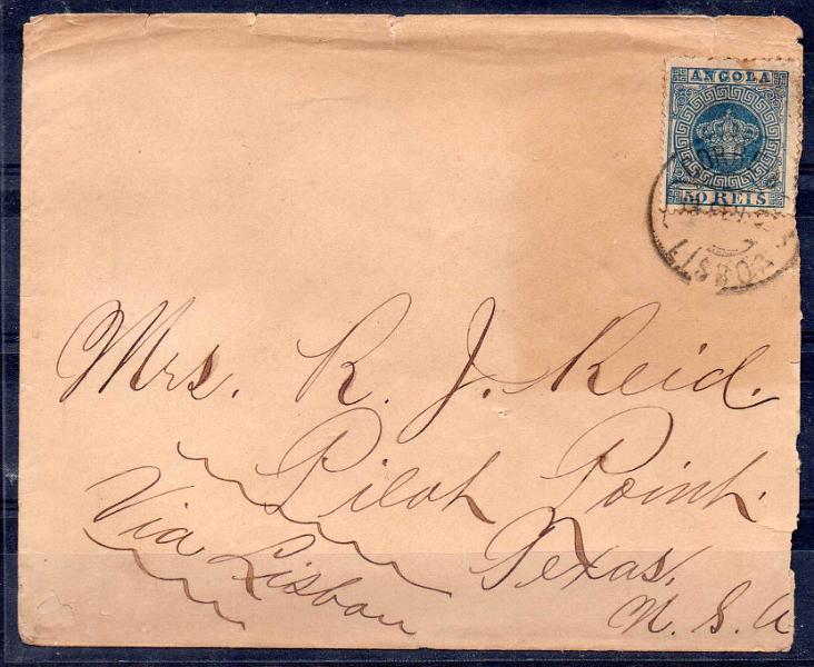 1079.jpg -     Lote:    1079            Angola       Descrição:         1881/85 &mdash; Tipo Coroa. Novas cores. CE14, 50 reis azul, denteado 13 &frac12;, cunho I em carta lançada a bordo de paquete para os EUA (25.02.88) com trânsito por Lisboa (13.02.88). Carimbo de Lisboa a obliterar o selo. B e MR.        Carta       Valor Base:     &euro; 400,00     Valor Venda:     &euro; 400,00     