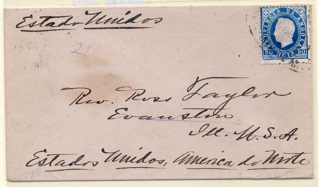 1080.jpg -     Lote:    1080            Angola       Descrição:         1885 &mdash; D. Luís I. Fita direita. CE20, 50 reis azul em sobrescrito circulado de Luanda para os EUA (08.11.91).        Carta       Valor Base:     &euro; 75,00     Valor Venda:     Retirado     