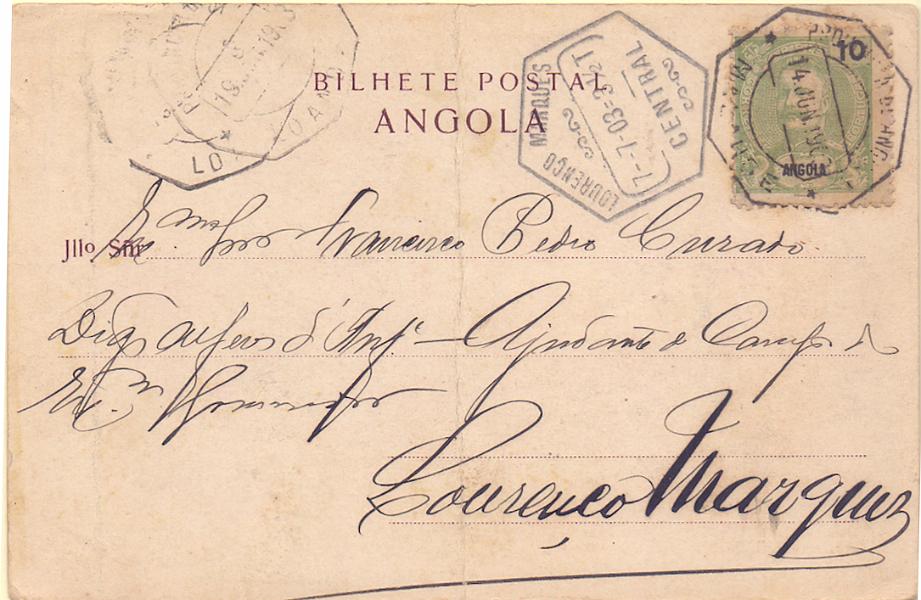 1081.jpg -     Lote:    1081            Angola       Descrição:         1898/1901 &mdash; D. Carlos I Mouchon. CE40, 10 reis em postal ilustrado circulado de Malange (14.06.03) para L. Marques (07.07.03) com trânsito por Luanda. Rara circulação entre colónias.        PI       Valor Base:     &euro; 10,00     Valor Venda:     Retirado     