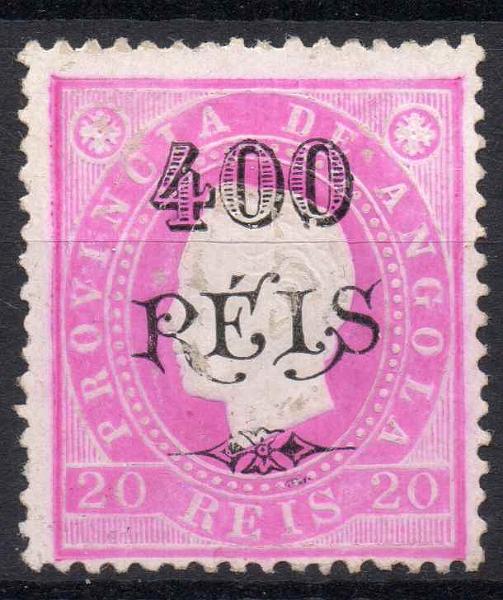 1085.jpg -     Lote:    1085            Angola       Descrição:         1902 &mdash; D. Luís I. Fita direita. Com sobretaxa. CE60, 400 reis s/ 20 reis rosa, denteado 13 &frac12;. Algumas irregularidades no papel porcelana, considerado normal na emissão. Valor de catálogo &euro; 290,00.        *       Valor Base:     &euro; 60,00     Valor Venda:     &euro; 100,00     