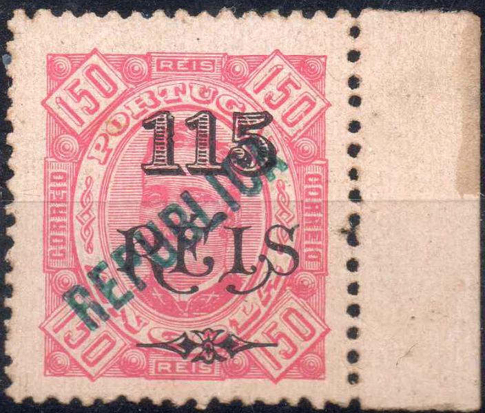 1094.jpg -     Lote:    1094            Angola       Descrição:         1914 &mdash; D. Carlos I, com sobretaxa, da emissão de 1902, com sobrecarga REPULICA local. CE172, 115 s/ 150 reis, denteado 12 &frac12;. Valor de catálogo &euro; 320,00.        *       Valor Base:     &euro; 70,00     Valor Venda:     &euro; 70,00     