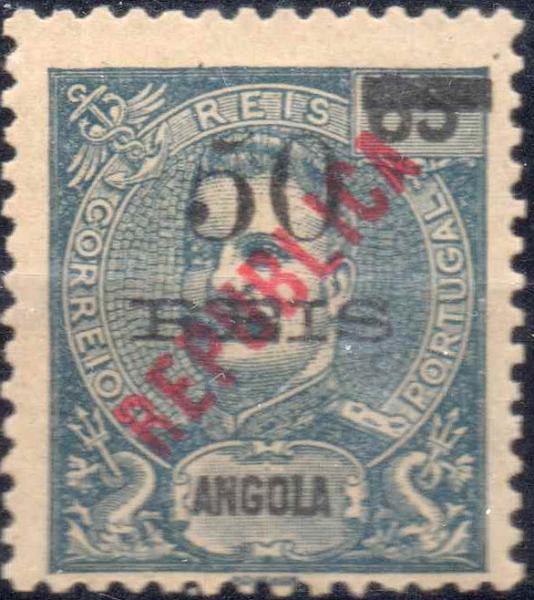 1095.jpg -     Lote:    1095            Angola       Descrição:         1914 &mdash; D. Carlos I Mouchon, com sobretaxa, da emissão de 1905. CE178, 50 s/ 65 reis. Selo com "5" fendido, tipo I. Valor de catálogo &euro; 70,00.        **       Valor Base:     &euro; 15,00     Valor Venda:     &euro; 90,00     