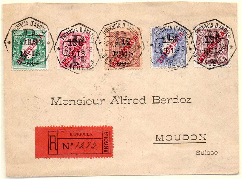 1096.jpg -     Lote:    1096            Angola       Descrição:         1915 &mdash; D. Luís I e D. Carlos I, com sobretaxa e sobrecarga REPUBLICA da Casa da Moeda. Sobrescrito circulado registado de benguela (24.02.18) para a Alemanha (02.05.18) com trânsito por Lisboa (15.04.18) com selos CE179, 180, 183, 185 e 186. MB.        Carta       Valor Base:     &euro; 100,00     Valor Venda:     &euro; 100,00     
