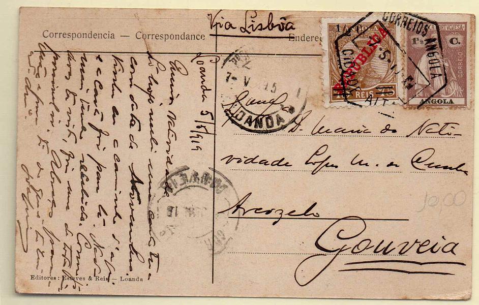 1097.jpg -     Lote:    1097            Angola       Descrição:         1914/19 &mdash; Ceres + D. Manuel II, com sobrecarga REPUBLICA da Casa da Moeda e sobretaxa. Postal ilustrado circulado de Luanda (07.05.19) para Gouveia, com selo de 1 &frac12; c CE145 e &frac12; c s/ 75 reis CE190.        PI       Valor Base:     &euro; 25,00     Valor Venda:     &euro; 25,00     