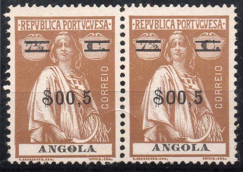 1099.jpg -     Lote:    1099            Angola       Descrição:         1921 &mdash; Ceres, com sobretaxa. CE198, $00,5 s/ 7 &frac12; c bistre. Par sem goma como emitidos. Selo do lado esquerdo com "O" DIFERENTE. Valor de catálogo &euro; 50,00.        *       Valor Base:     &euro; 10,00     Valor Venda:     Retirado     