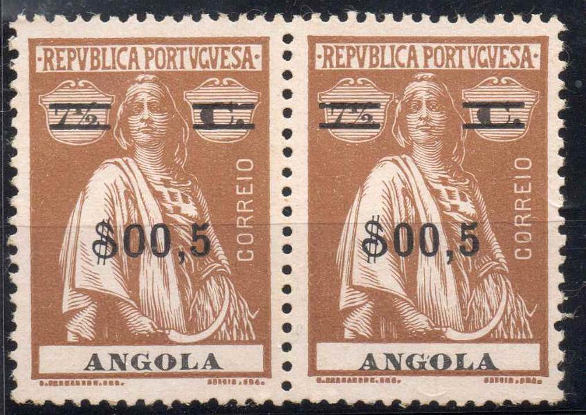 1100.jpg -     Lote:    1100            Angola       Descrição:         1921 &mdash; Ceres, com sobretaxa. CE198, $00,5 s/ 7 &frac12; c bistre. Par sem goma como emitidos. Selo do lado esquerdo com $ PARTIDO. Valor de catálogo &euro; 50,00.        *       Valor Base:     &euro; 10,00     Valor Venda:     Retirado     