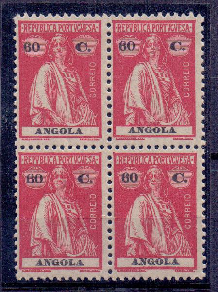 1102.jpg -     Lote:    1102            Angola       Descrição:         1925/26 &mdash; Ceres. CE217, 60c carmim (1926). Quadra. Valor de catálogo &euro; 668,00. MB e MR.        ***       Valor Base:     &euro; 140,00     Valor Venda:     &euro; 180,00     