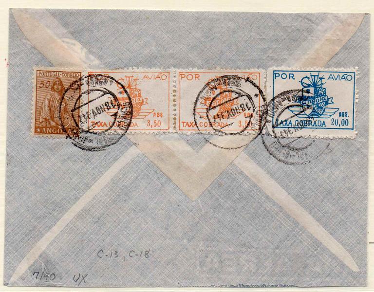 1114.jpg -     Lote:    1114            Angola       Descrição:         1947 &mdash; Correio Aéreo. Emblema dos CTT + Ceres, novo tipo. Sobrescrito circulado de Luanda (18.11.47) para os EUA, com selo CE236 + par de 3,50Ags CA13 e 20,00Ags CA18. MB e MR.        Carta       Valor Base:     &euro; 350,00     Valor Venda:     Retirado     
