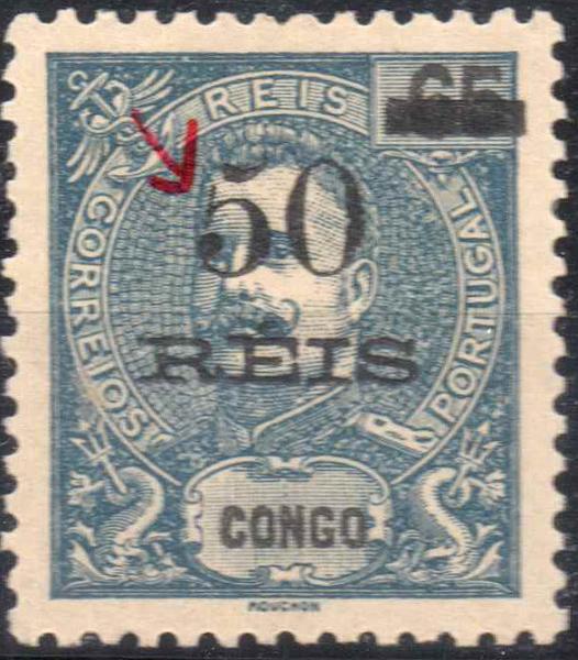1120.jpg -     Lote:    1120            Congo       Descrição:         1905 &mdash; D. Carlos I Mouchon, com sobretaxa. CE54, 50 s/ 65 reis. Selo com "5" fendido, tipo I. Valor de catálogo &euro; 55,00.        *       Valor Base:     &euro; 12,00     Valor Venda:     &euro; 50,00     