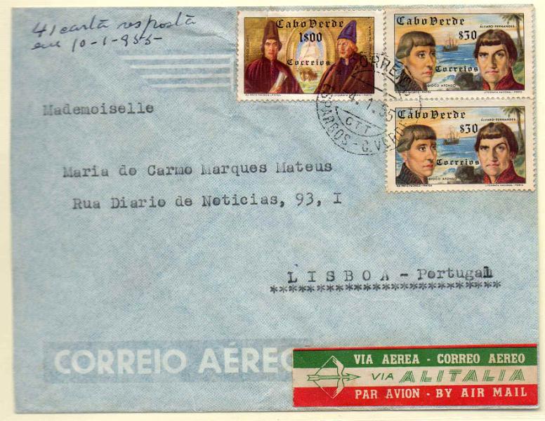 1131.jpg -     Lote:    1131            Cabo Verde       Descrição:         1952 &mdash; Descobrimentos. Sobrescrito circulado de Espargos (04.01.55) para Lisboa com selos de $30 (par) e 1$00, CE268 e 270. Carimbo a preto de "ESPARGOS".        Carta       Valor Base:     &euro; 10,00     Valor Venda:     &euro; 10,00     