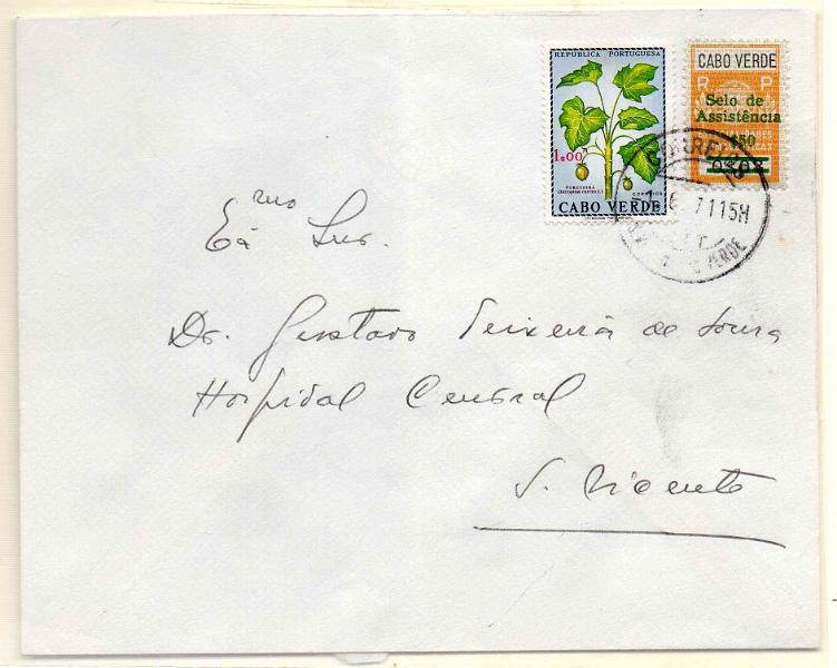 1137.jpg -     Lote:    1137            Cabo Verde       Descrição:         1968 &mdash; Motivos de Cabo Verde + Imposto Postal * Assistência * Fiscais, com sobretaxa. Sobrescrito circulado em S. Vicente (01.06.71) com selo de 1$00 CE330 e $50 s/ $03 CE IP18.        Carta       Valor Base:     &euro; 20,00     Valor Venda:     Retirado     