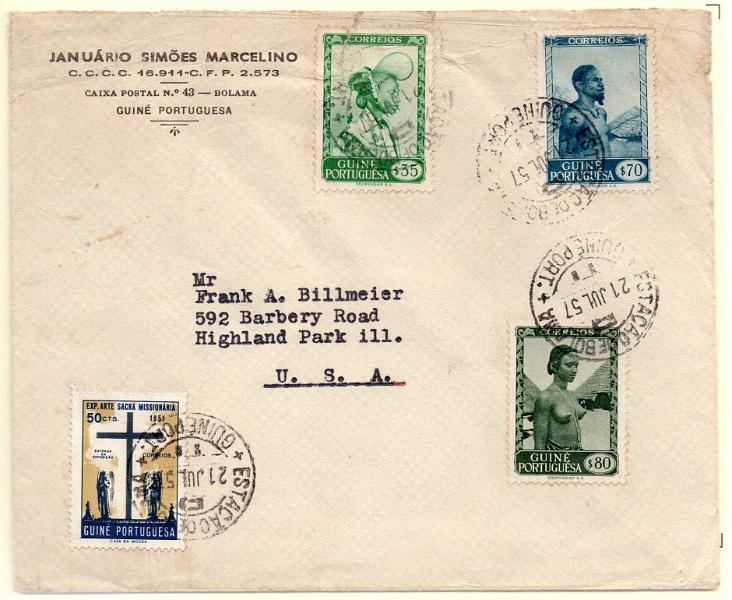 1144.jpg -     Lote:    1144            Guiné       Descrição:         1948853 &mdash; Motivos da Guiné + Exposição de Arte Sacra Missionária. Sobrescrito circulado de Bolama (21.07.57) para os EUA com selos de $35, $70, $80 e $50 CE251, 253/54 e 268. MB.        Carta       Valor Base:     &euro; 25,00     Valor Venda:     Retirado     