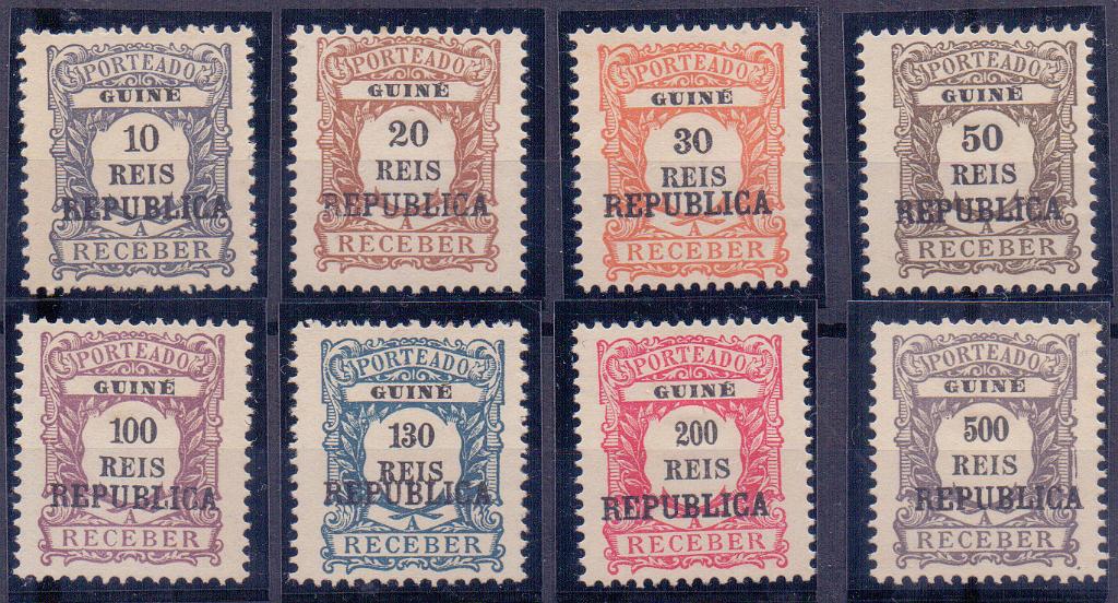 1149.jpg -     Lote:    1149            Guiné       Descrição:         1919 &mdash; Emissão regular. Valor em reis. Sobrecarga REPUBLICA local. Sem goma como emitidos. CE POR 2&frac12;8. Série completa. Valor de catálogo &euro; 150,00.        *       Valor Base:     &euro; 30,00     Valor Venda:     &euro; 32,00     