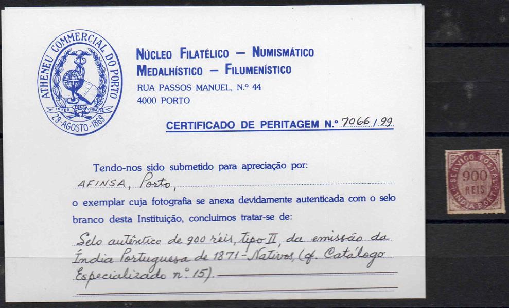 1154.jpg -     Lote:    1154            Índia       Descrição:         Nativos. Tipo II. CE15, 900 reis azul em papel espesso. Valor de catálogo &euro; 410,00. Certificado de peritagem do NFACP        *       Valor Base:     &euro; 50,00     Valor Venda:     Retirado     