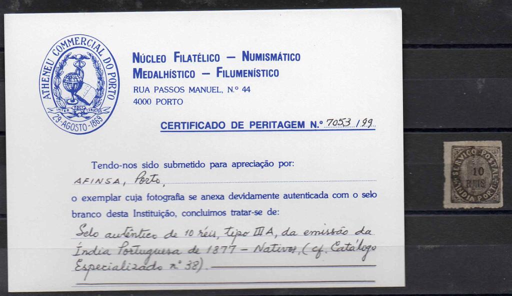 1155.jpg -     Lote:    1155            Índia       Descrição:         Nativos. Tipo IIIA. CE38, 10 reis preto em papel azulado. Valor de catálogo &euro; 95,00. Certificado de peritagem do NFACP        *       Valor Base:     &euro; 20,00     Valor Venda:     Retirado     