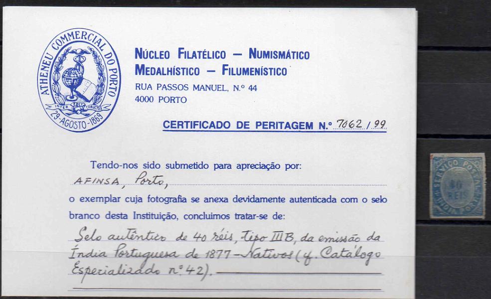 1156.jpg -     Lote:    1156            Índia       Descrição:         Nativos. Tipo IIIB. CE42, 40 reis azul em papel azulado. Valor de catálogo &euro; 37,00. Certificado de peritagem do NFACP        *       Valor Base:     &euro; 5,00     Valor Venda:     Retirado     