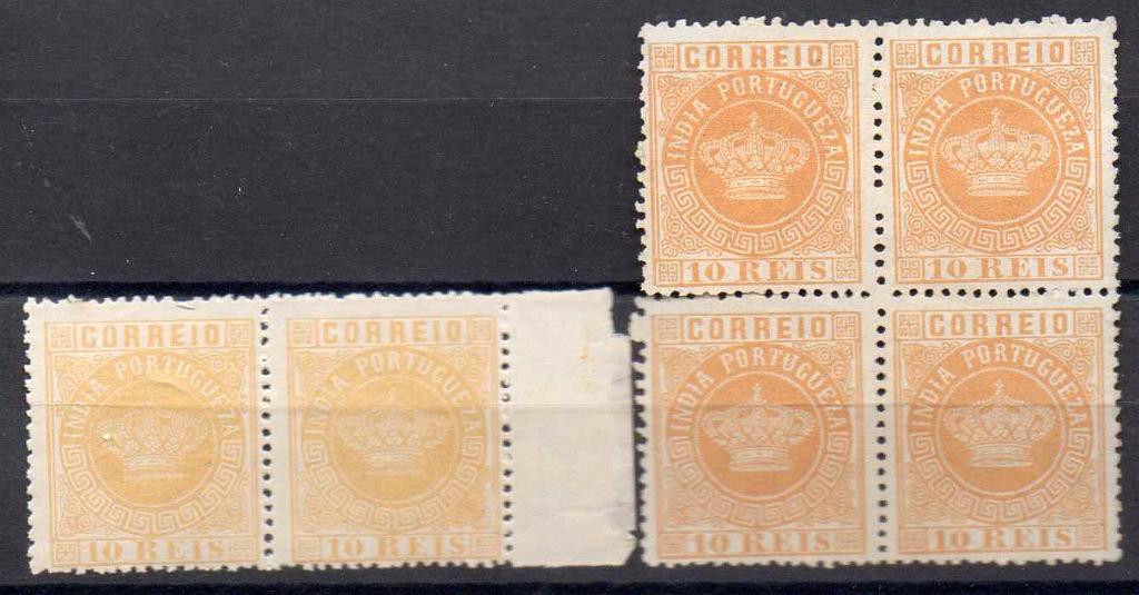 1157.jpg -     Lote:    1157            Índia       Descrição:         1877 &mdash; Tipo Coroa. CE49, 10 reis. Lote composto por par em denteado 13 &frac12; em amarelo, com goma original sem charneira + quadra em amarelo laranja, denteado 12 &frac12;, sem goma. Valor de catálogo &euro; 126,00.        ***/*       Valor Base:     &euro; 30,00     Valor Venda:     Retirado     