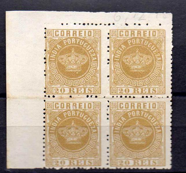 1158.jpg -     Lote:    1158            Índia       Descrição:         1877 &mdash; Tipo Coroa. CE50. Quadra canto de folha, denteado 12 &frac12;. Valor de catálogo &euro; 84,00.        *       Valor Base:     &euro; 20,00     Valor Venda:     &euro; 20,00     