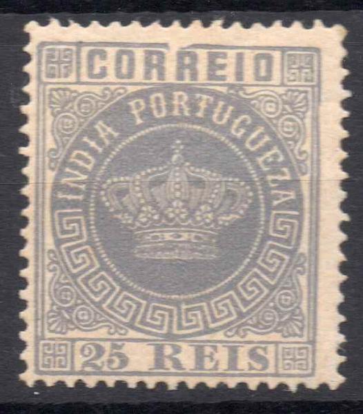 1160.jpg -     Lote:    1160            Índia       Descrição:         1881/83 &mdash; Tipo Coroa. Novas cores. CE58, 25 reis, denteado 13 &frac12;. Selo com FENDA DE CUNHO. Valor de catálogo &euro; 86,00.        **       Valor Base:     &euro; 25,00     Valor Venda:     &euro; 48,00     