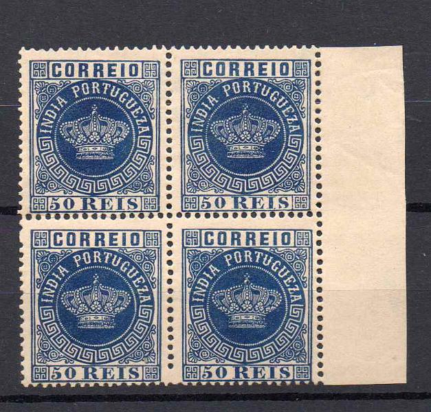 1161.jpg -     Lote:    1161            Índia       Descrição:         1880/81 &mdash; Tipo Coroa. CE61, 40 reis. Quadra bordo de folha, em denteado 13 &frac12;. Valor de catálogo &euro; 160,00.        *       Valor Base:     &euro; 35,00     Valor Venda:     &euro; 55,00     