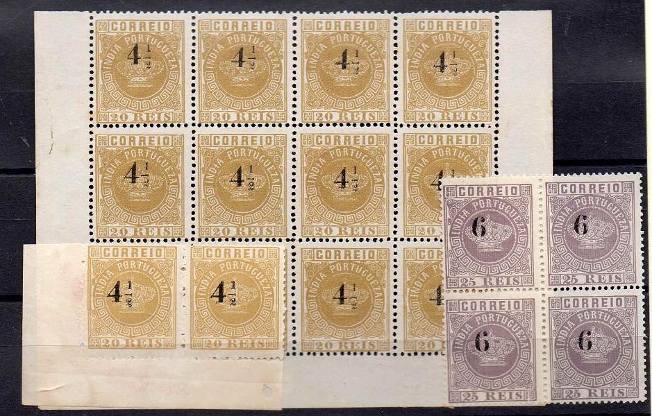 1165.jpg -     Lote:    1165            Índia       Descrição:         1881/83 &mdash; Tipo Coroa, com sobretaxa. Lote composto por: bloco de 12 selos, denteado 12 &frac12; + par, denteado 13 &frac12;, de 4 &frac12; s/ 20 reis CE73 + quadra de 6 s/ 25 reis violeta, denteado 13 &frac12;  CE80. Valor de catálogo &euro; 148,00.        *       Valor Base:     &euro; 35,00     Valor Venda:     &euro; 35,00     