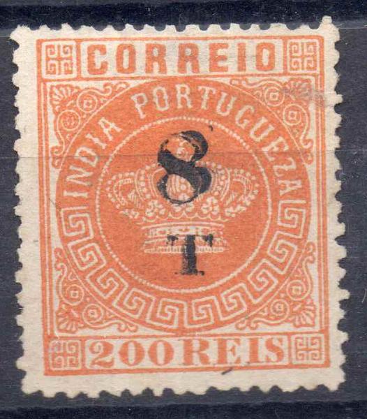 1169.jpg -     Lote:    1169            Índia       Descrição:         1881/83 &mdash; Tipo Coroas, com sobretaxa. CE110, 8T s/ 200 reis, laranja, papel fino liso, denteado 12 &frac12;, sem goma como quase todos os emitidos. Selo com DUPLA SOBRETAXA, não catalogada. Certificado de peritagem de J. Miranda da Mota.        *       Valor Base:     &euro; 95,00     Valor Venda:     Retirado     
