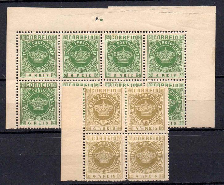1172.jpg -     Lote:    1172            Índia       Descrição:         1882 &mdash; Tipo Coroa. Valores em moeda local. Lote composto por: quadra de 4 &frac12; reis CE116, tipo II, denteado 12 &frac12;, goma original sem charneira + bloco de 8 selos de 6 reis, CE117, tipo II, denteado 12 &frac12;, sem goma. Valor de catálogo &euro; 26,00.        ***/*       Valor Base:     &euro; 5,00     Valor Venda:     Retirado     